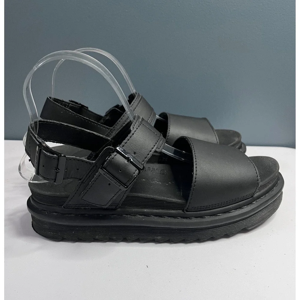 Dr. Martens Voss Black Hydro Leather Platform Sandals Womens 9 Adjustable Straps
